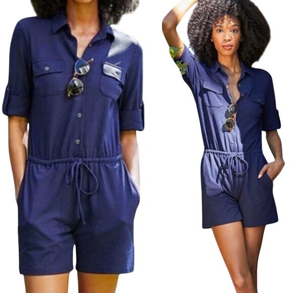 J Mclaughlin Westport Romper Jacquard Textured Button Front Navy Blue Womens M - Picture 1 of 8